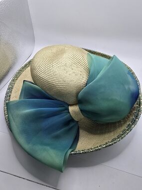 MYSHA B Michael Straw Hat Wide Brim Derby Church Oversized Bow Green Blue USA